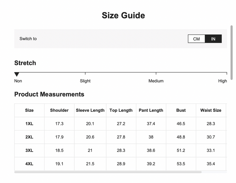 Size Guide in inches