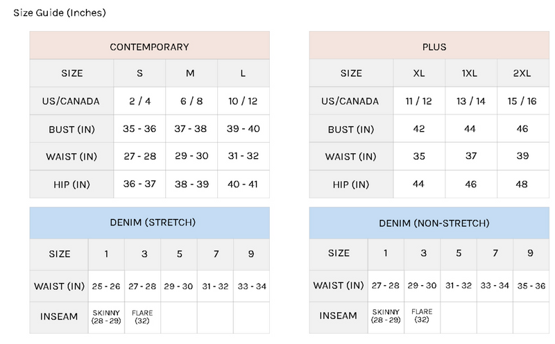 Size guide in inches